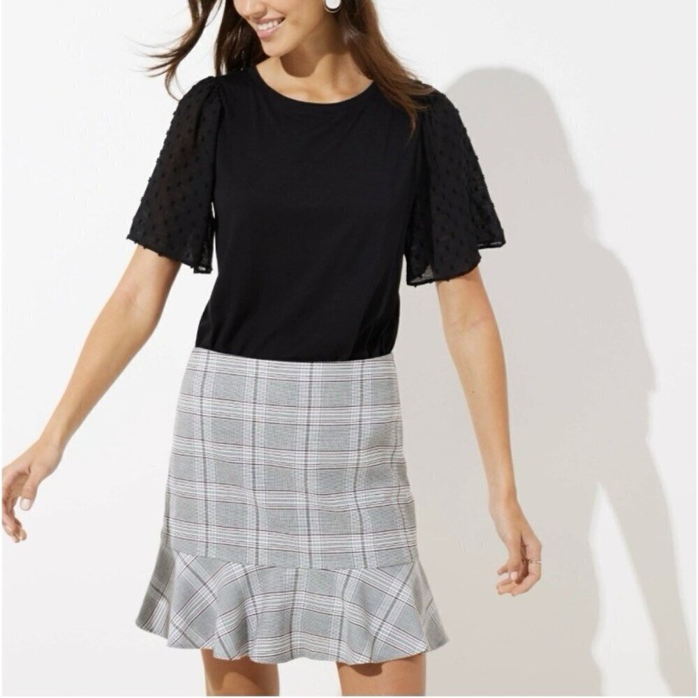 LOFT Skirt Womens 12 Gray Plaid Ruffle Hem Mini Academia Preppy Normcore Boho